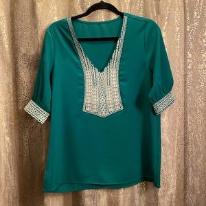 NWOT Embroidered evergreen blouse.